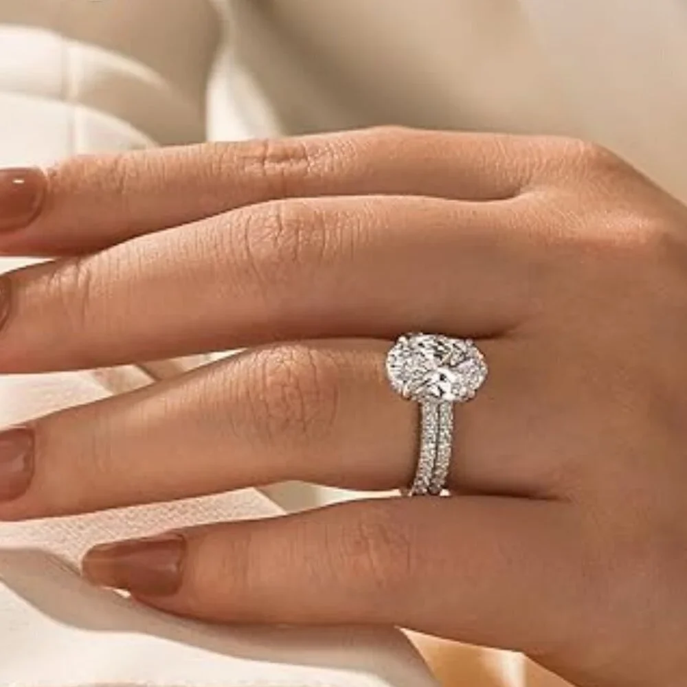 18K White Gold 3.5ct Oval Diamond Ring Set 925 Sterling Silver Wedding Bridal